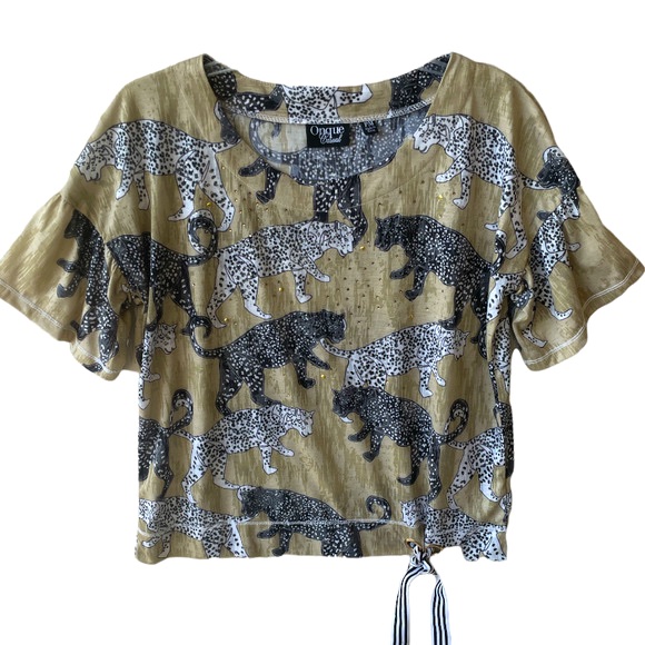 Onque Leopard Top M Animal Print Crystals Burnout Short Sleeve Nwot